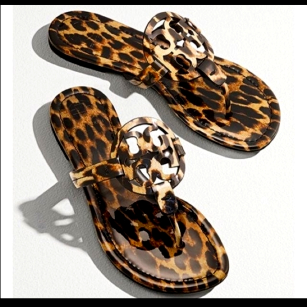 Tory Burch Miller Patent Leather Sandals, Natural Leopard (8.5)